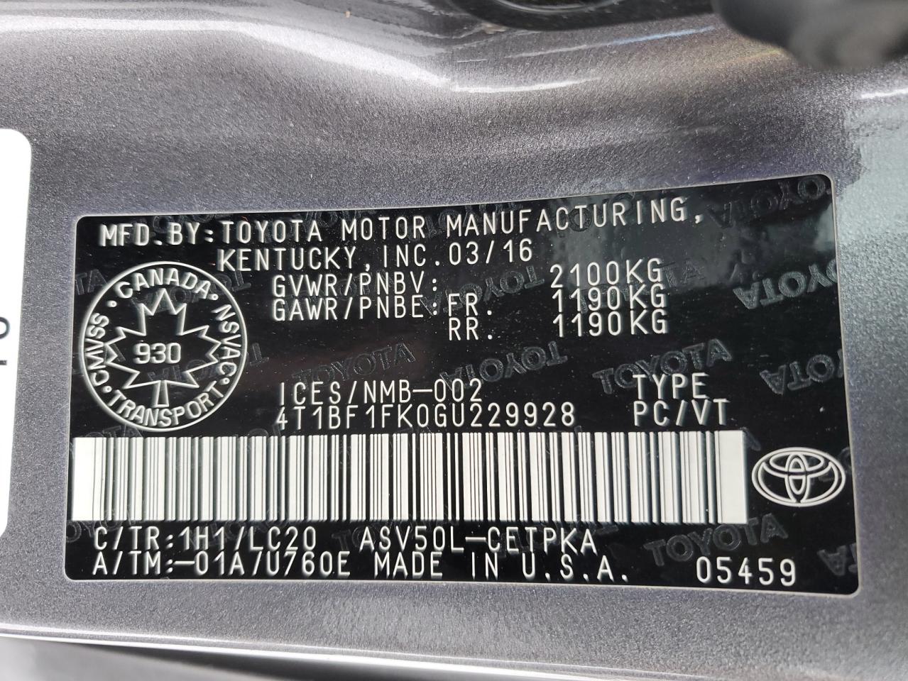 2016 Toyota Camry Le VIN: 4T1BF1FK0GU229928 Lot: 84370314