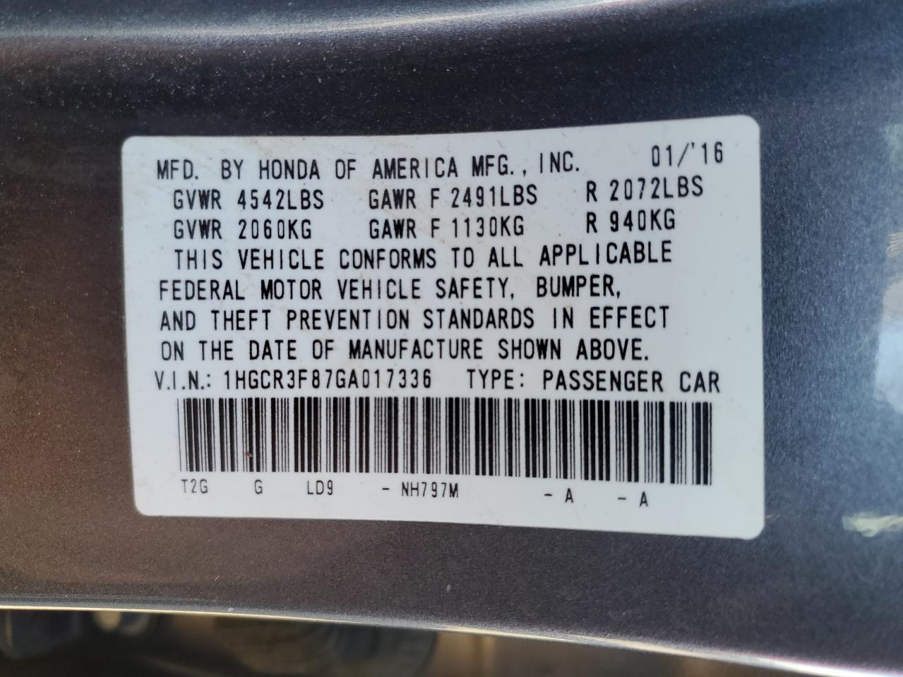 VIN 1HGCR3F87GA017336 2016 HONDA ACCORD no.13