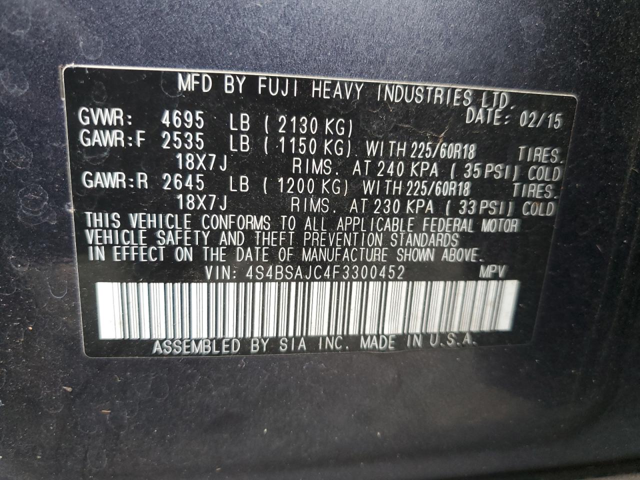 2015 Subaru Outback 2.5I Limited VIN: 4S4BSAJC4F3300452 Lot: 86013624