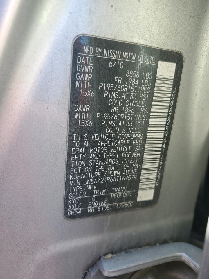 2010 Nissan Cube Base VIN: JN8AZ2KR6AT167579 Lot: 83706254