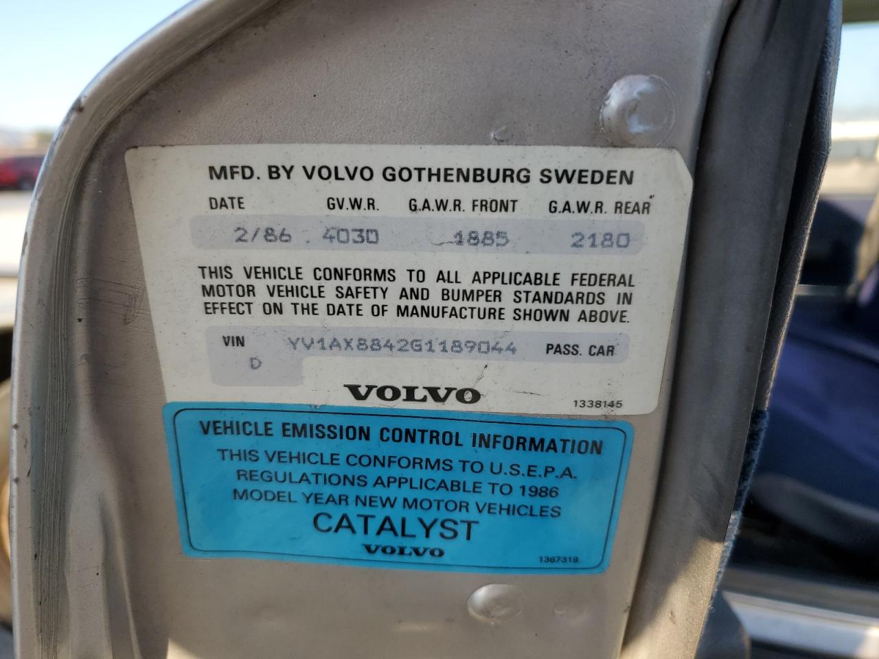 1986 Volvo 244 Dl VIN: YV1AX8842G1189044 Lot: 84116964