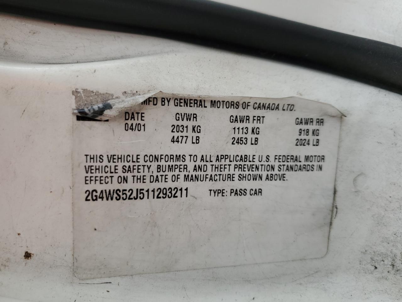 2001 Buick Century Custom VIN: 2G4WS52J511293211 Lot: 84026584