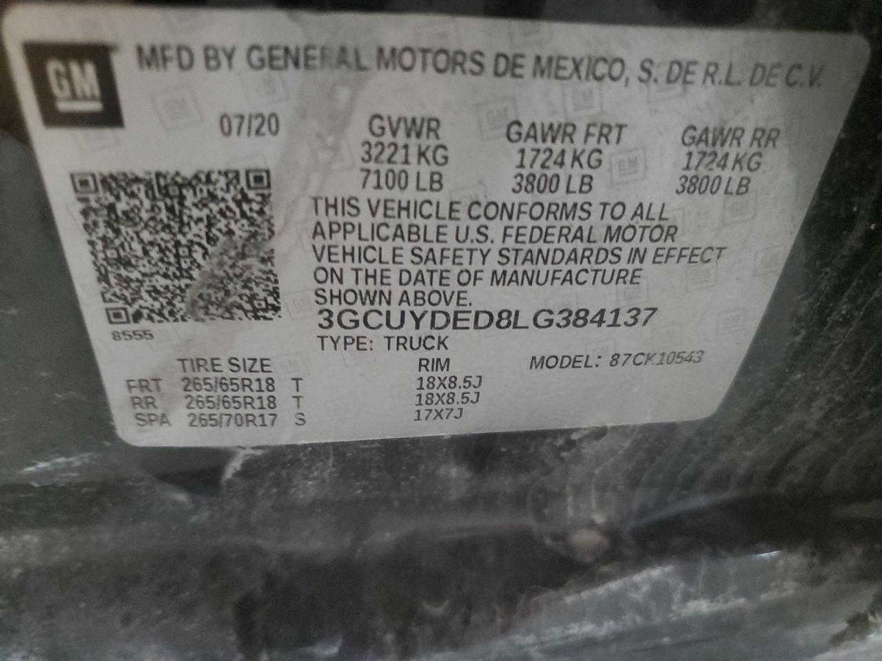 VIN 3GCUYDED8LG384137 2020 CHEVROLET ALL Models no.12