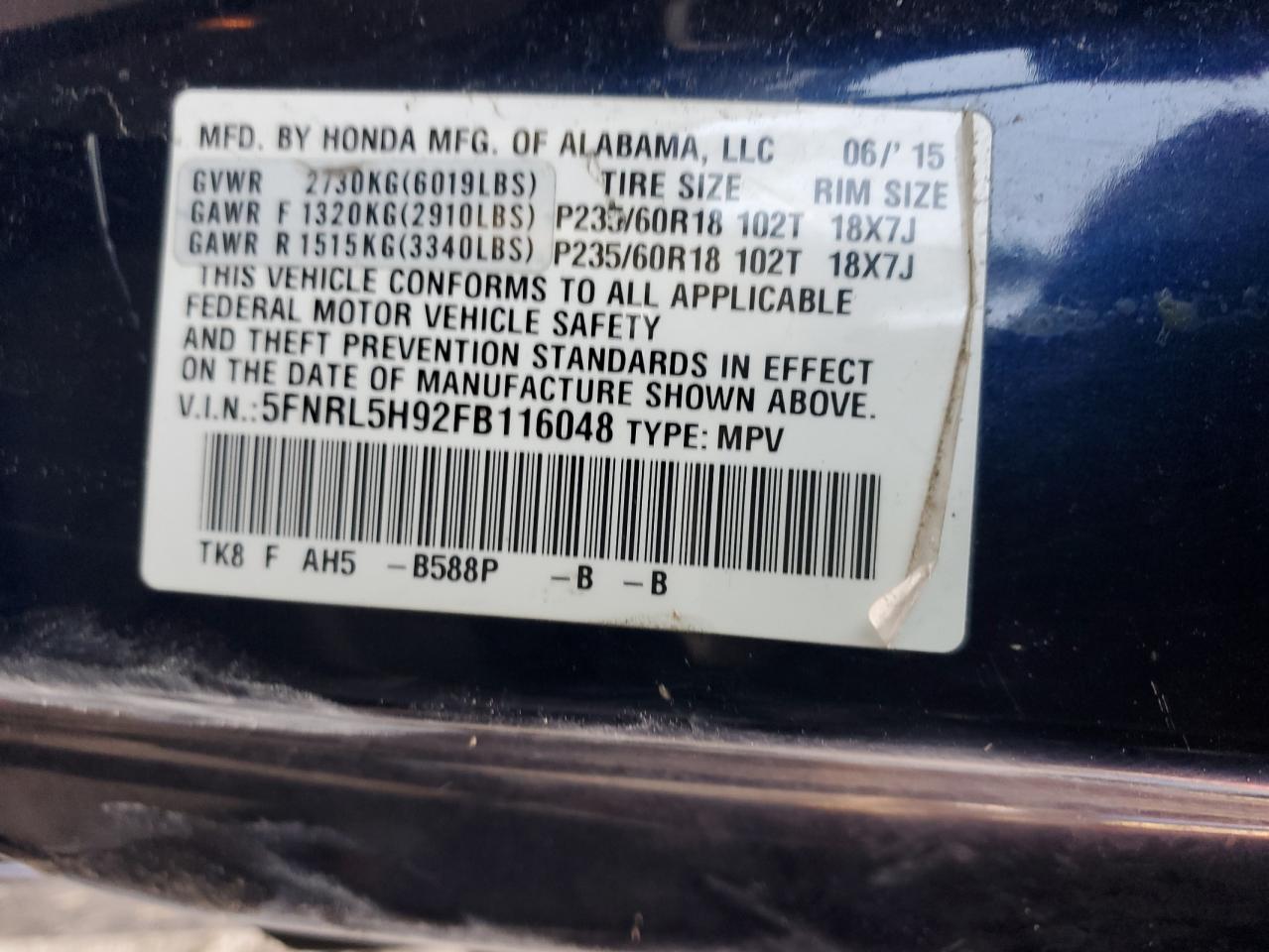 VIN 5FNRL5H92FB116048 2015 HONDA ODYSSEY no.14