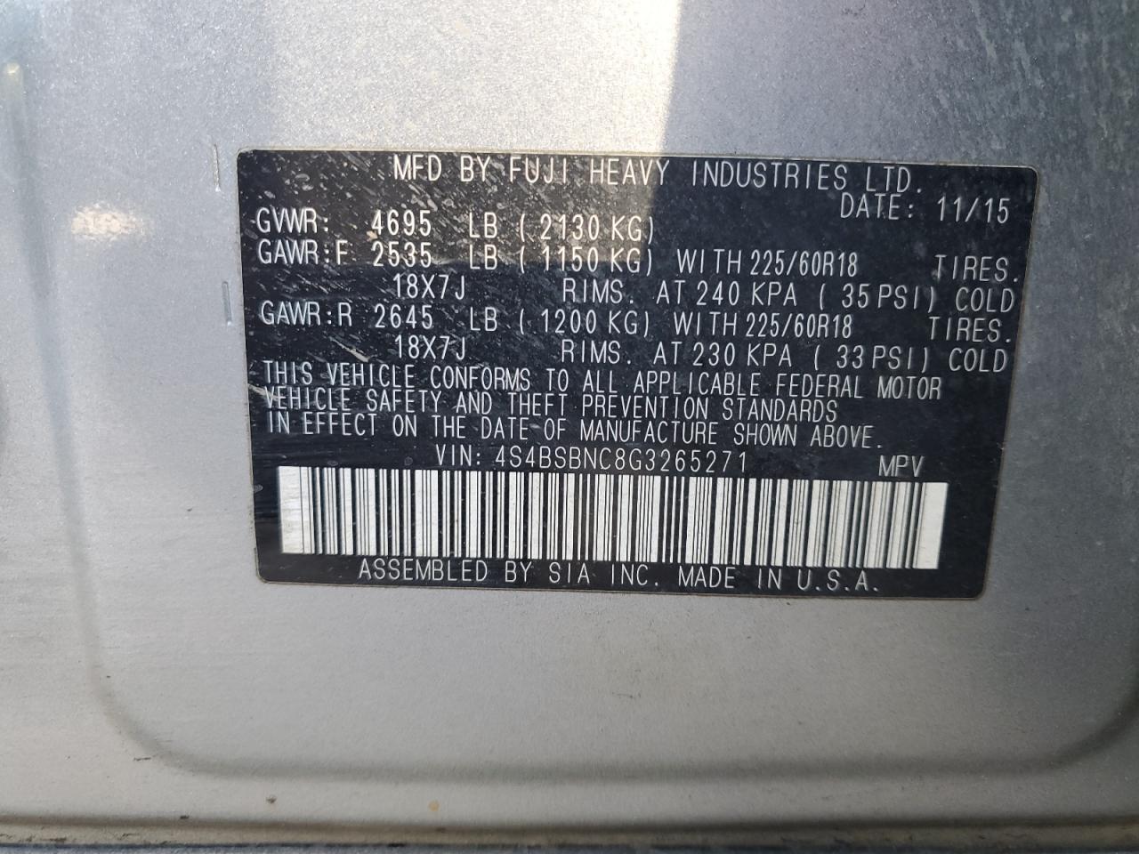 VIN 4S4BSBNC8G3265271 2016 SUBARU OUTBACK no.14