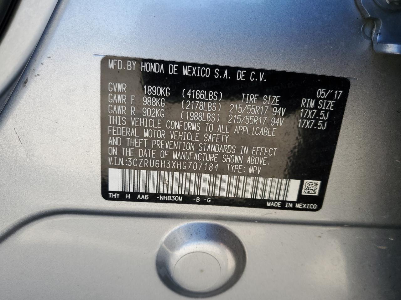 VIN 3CZRU6H3XHG707184 2017 HONDA HR-V no.12