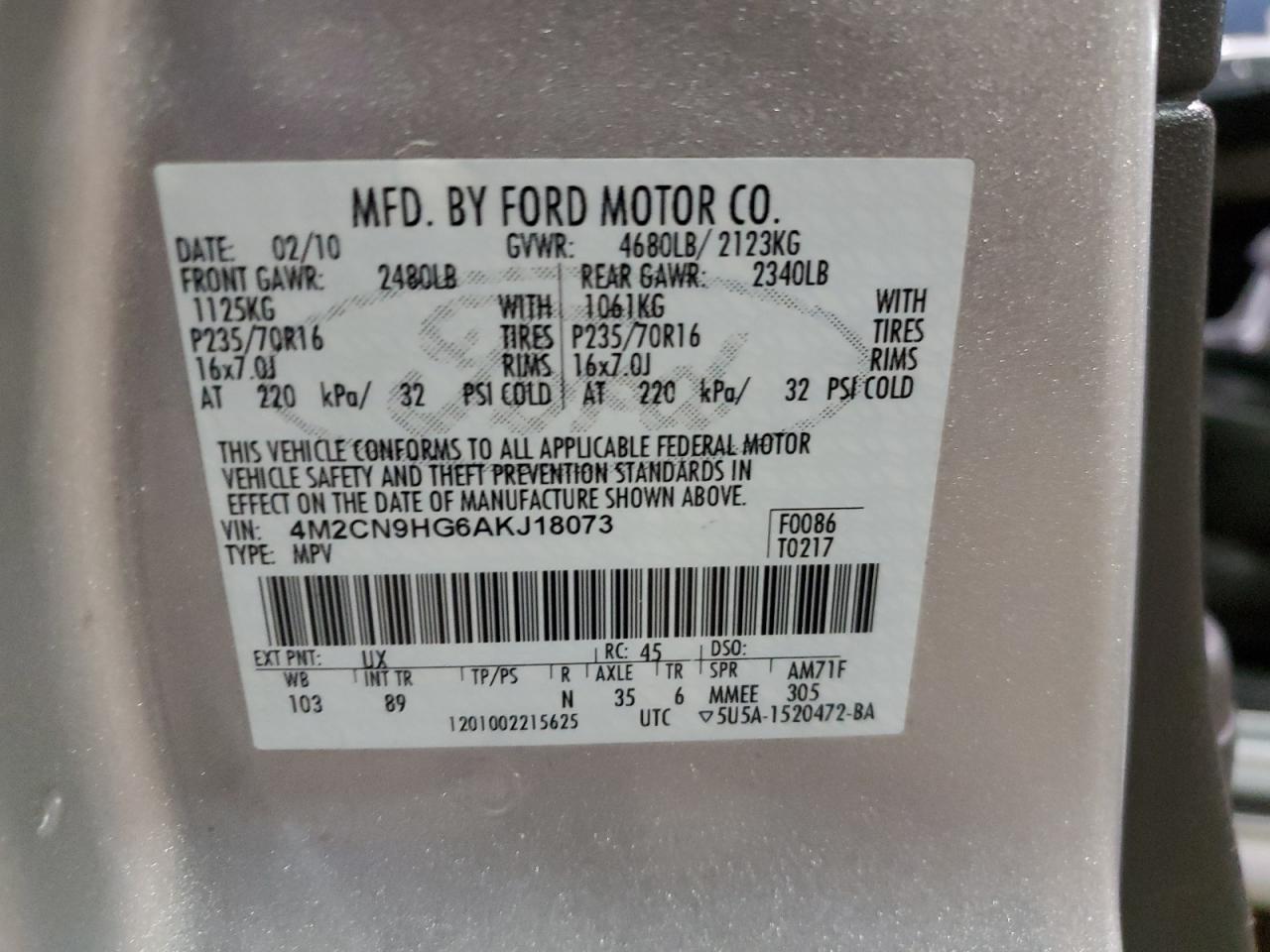 2010 Mercury Mariner Premier VIN: 4M2CN9HG6AKJ18073 Lot: 86289234