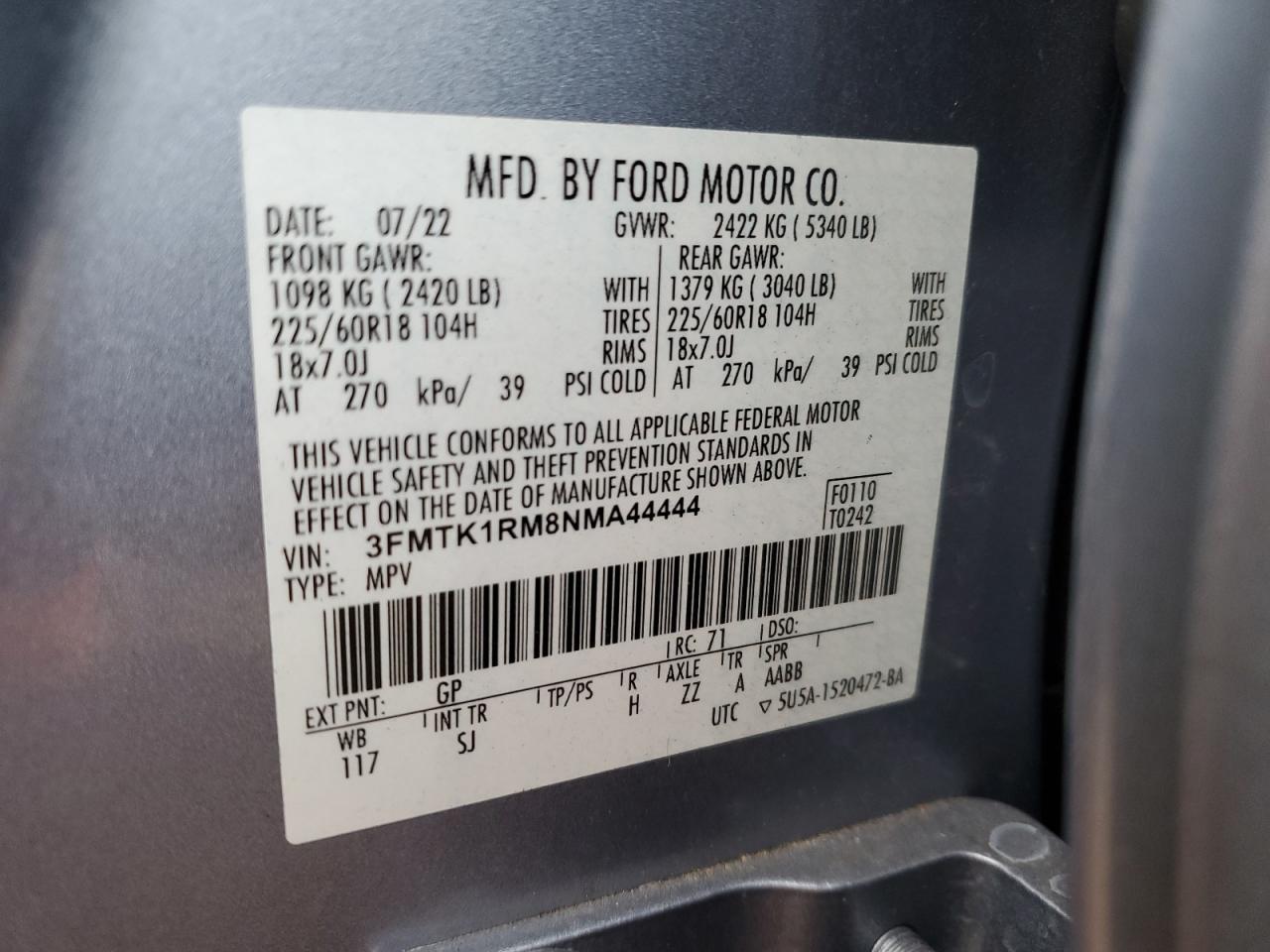 2022 Ford Mustang Mach-E Select VIN: 3FMTK1RM8NMA44444 Lot: 85547154