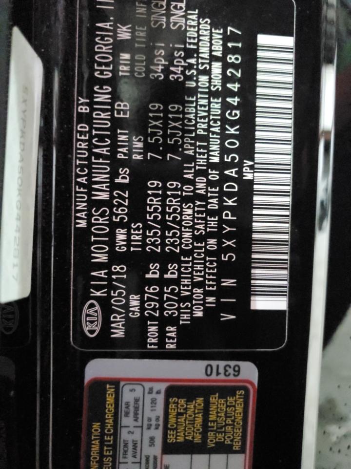 2019 Kia Sorento Sx VIN: 5XYPKDA50KG442817 Lot: 84042584