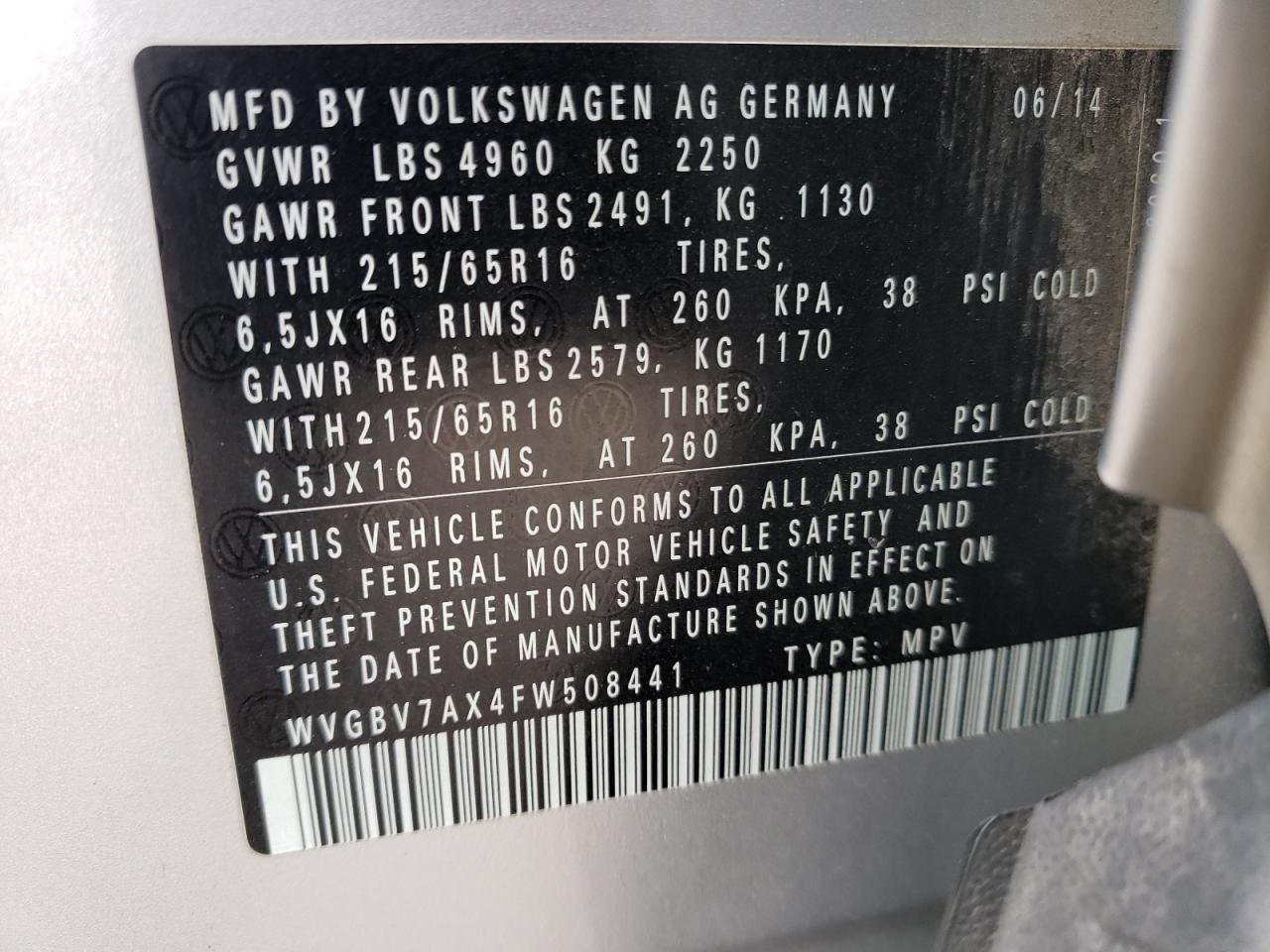 VIN WVGBV7AX4FW508441 2015 VOLKSWAGEN TIGUAN no.14