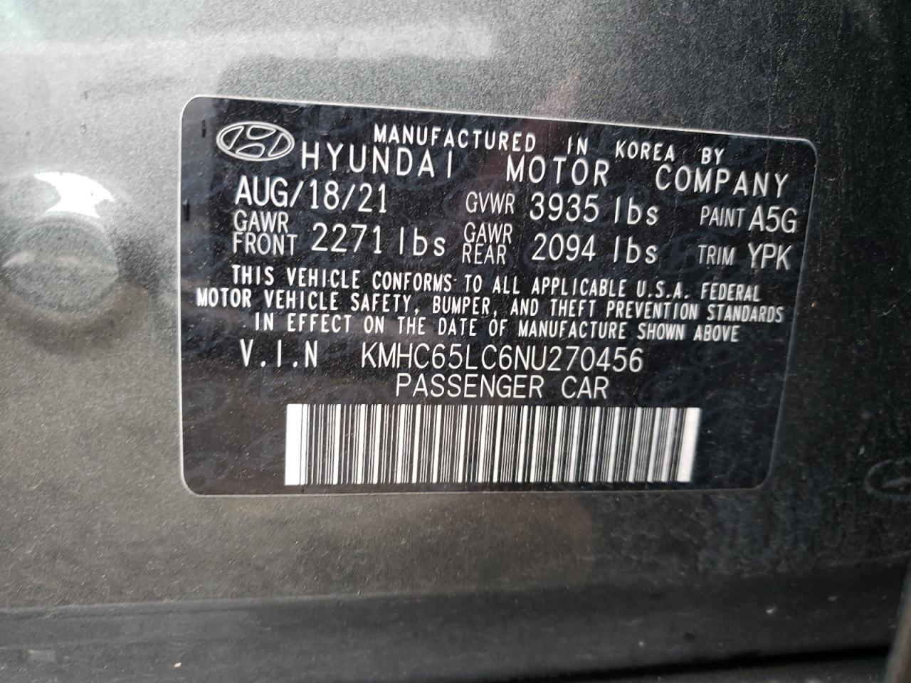 VIN KMHC65LC6NU270456 2022 HYUNDAI IONIQ no.12