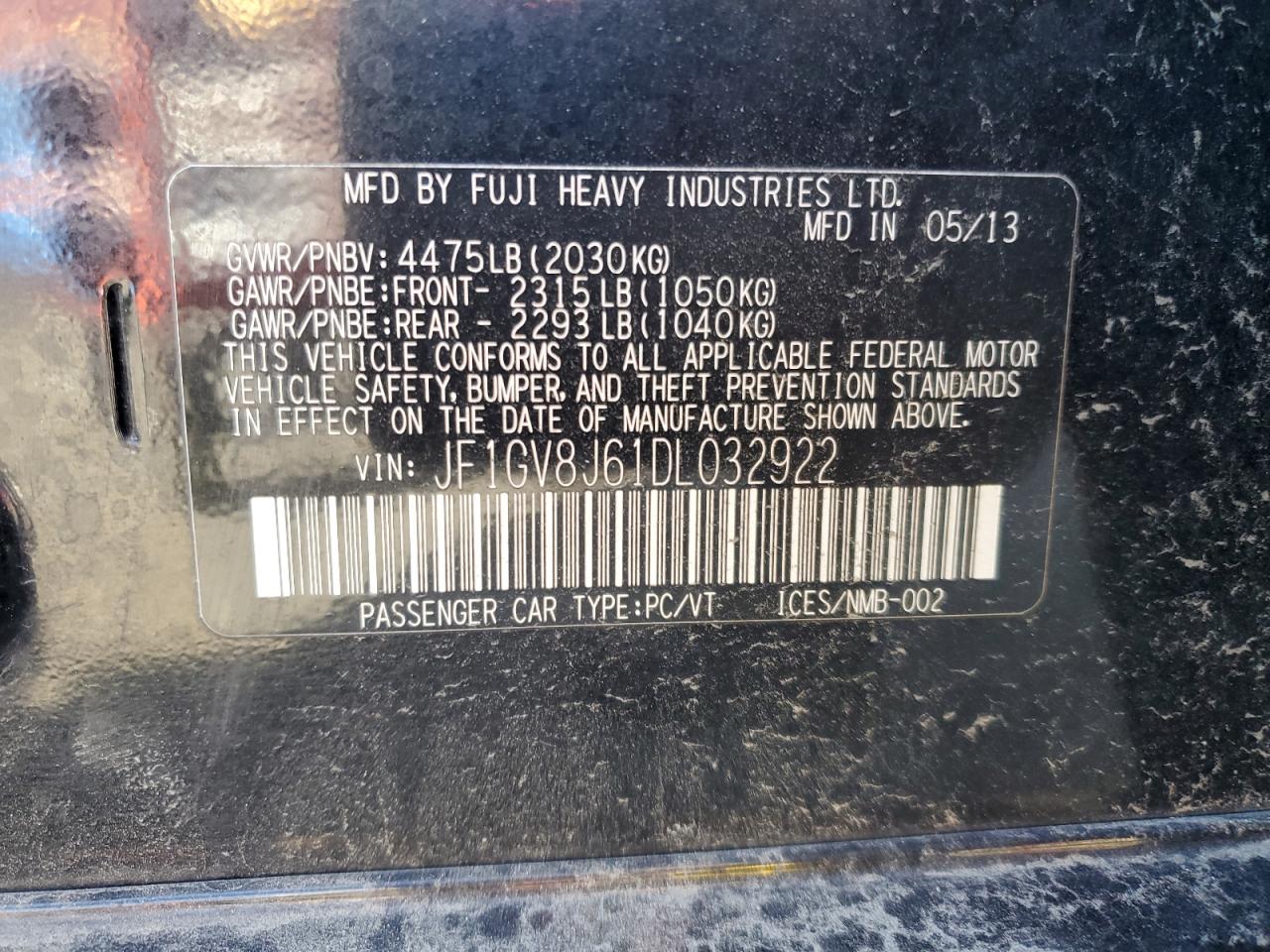 2013 Subaru Impreza Wrx Sti VIN: JF1GV8J61DL032922 Lot: 86687334