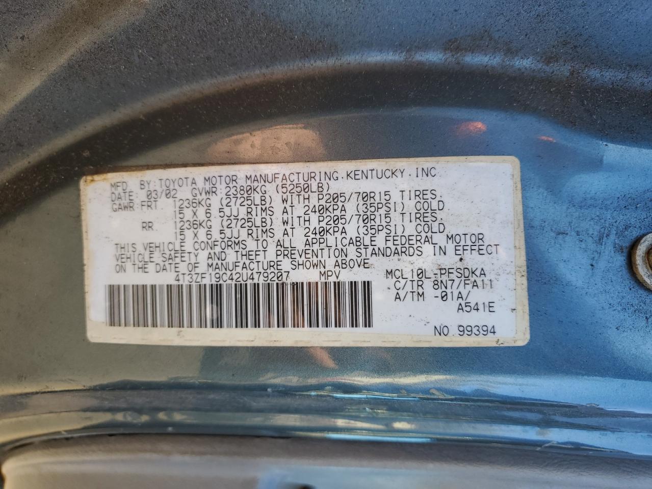 2002 Toyota Sienna Ce VIN: 4T3ZF19C42U479207 Lot: 82301664