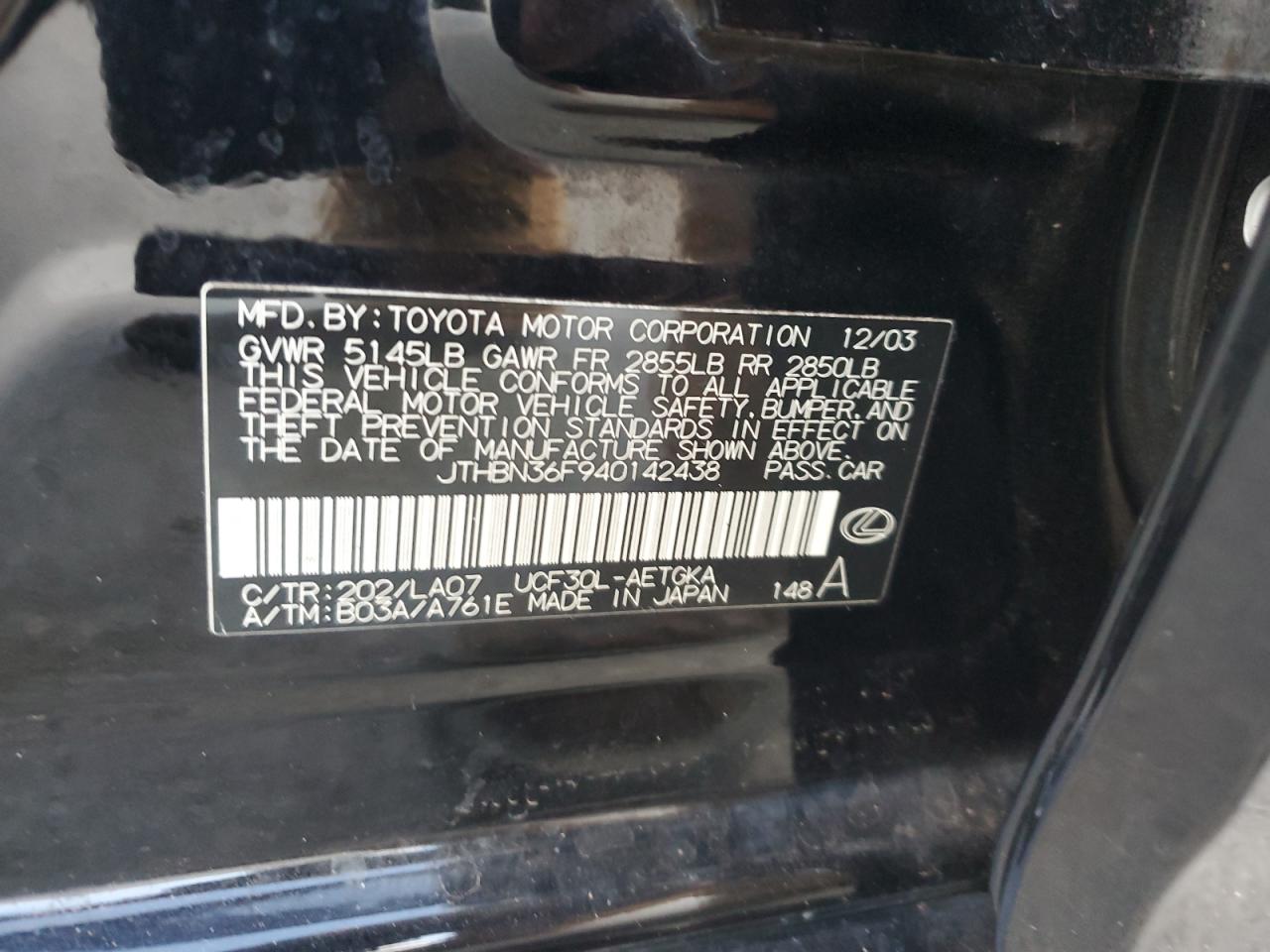 2004 Lexus Ls 430 VIN: JTHBN36F940142438 Lot: 83329464