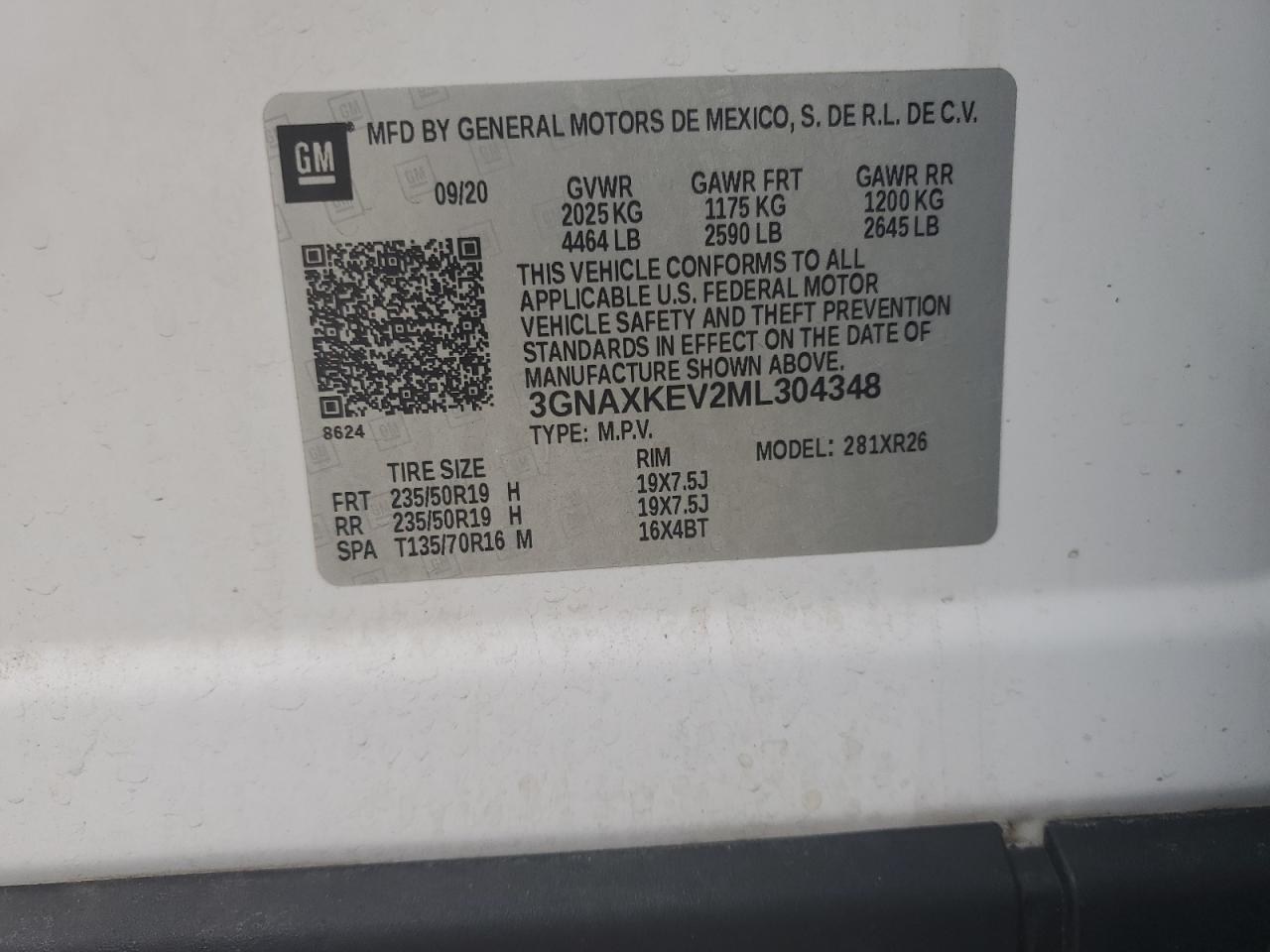 2021 Chevrolet Equinox Lt VIN: 3GNAXKEV2ML304348 Lot: 88014865