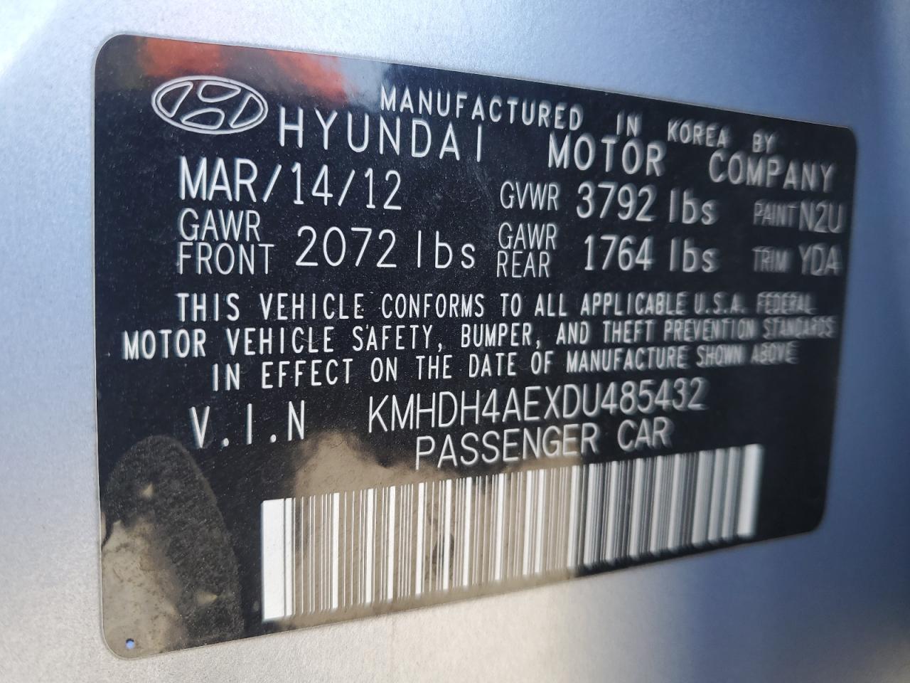 VIN KMHDH4AEXDU485432 2013 HYUNDAI ELANTRA no.12