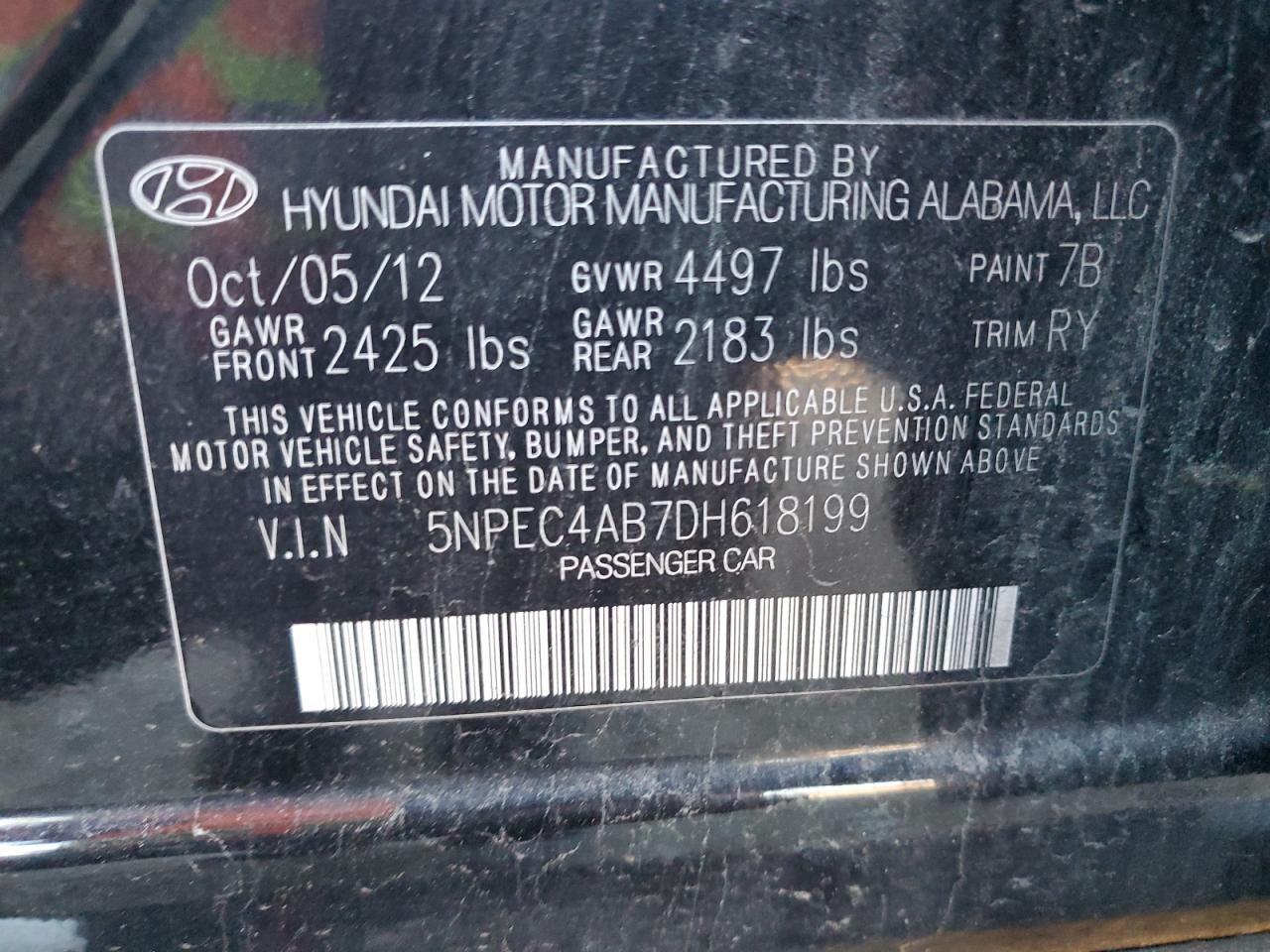 2013 Hyundai Sonata Se VIN: 5NPEC4AB7DH618199 Lot: 86961614