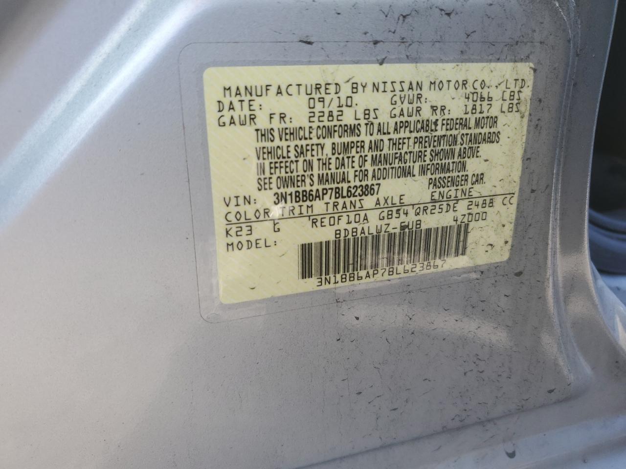 2011 Nissan Sentra Se-R VIN: 3N1BB6AP7BL623867 Lot: 85759264