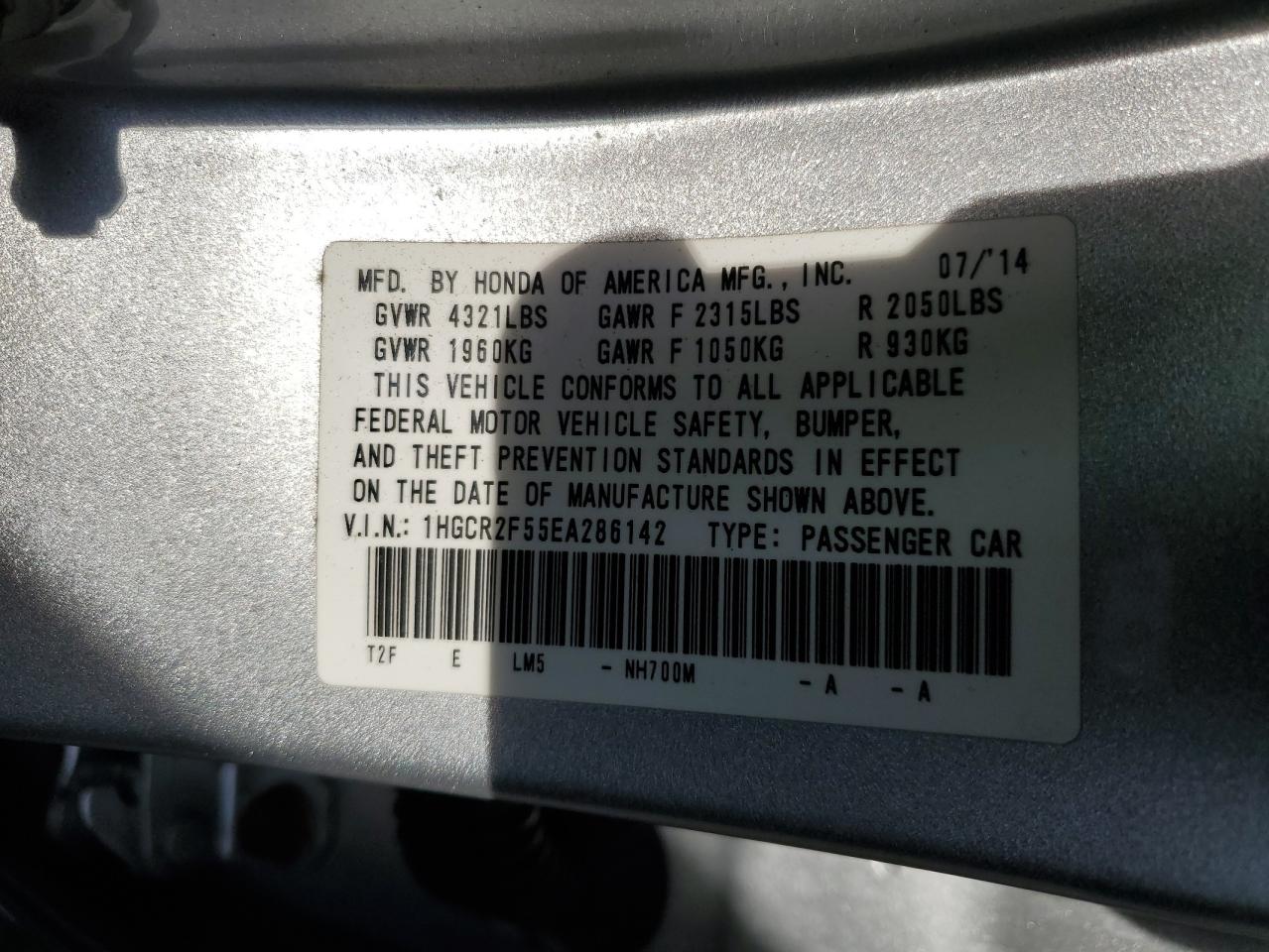 VIN 1HGCR2F55EA286142 2014 HONDA ACCORD no.12