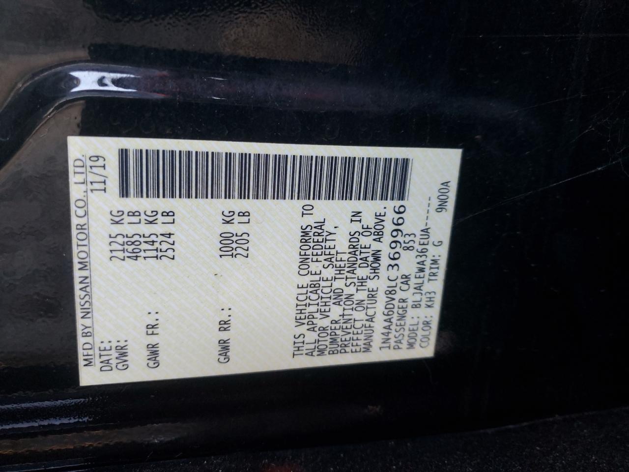 2020 Nissan Maxima Sl VIN: 1N4AA6DV8LC369966 Lot: 61056185