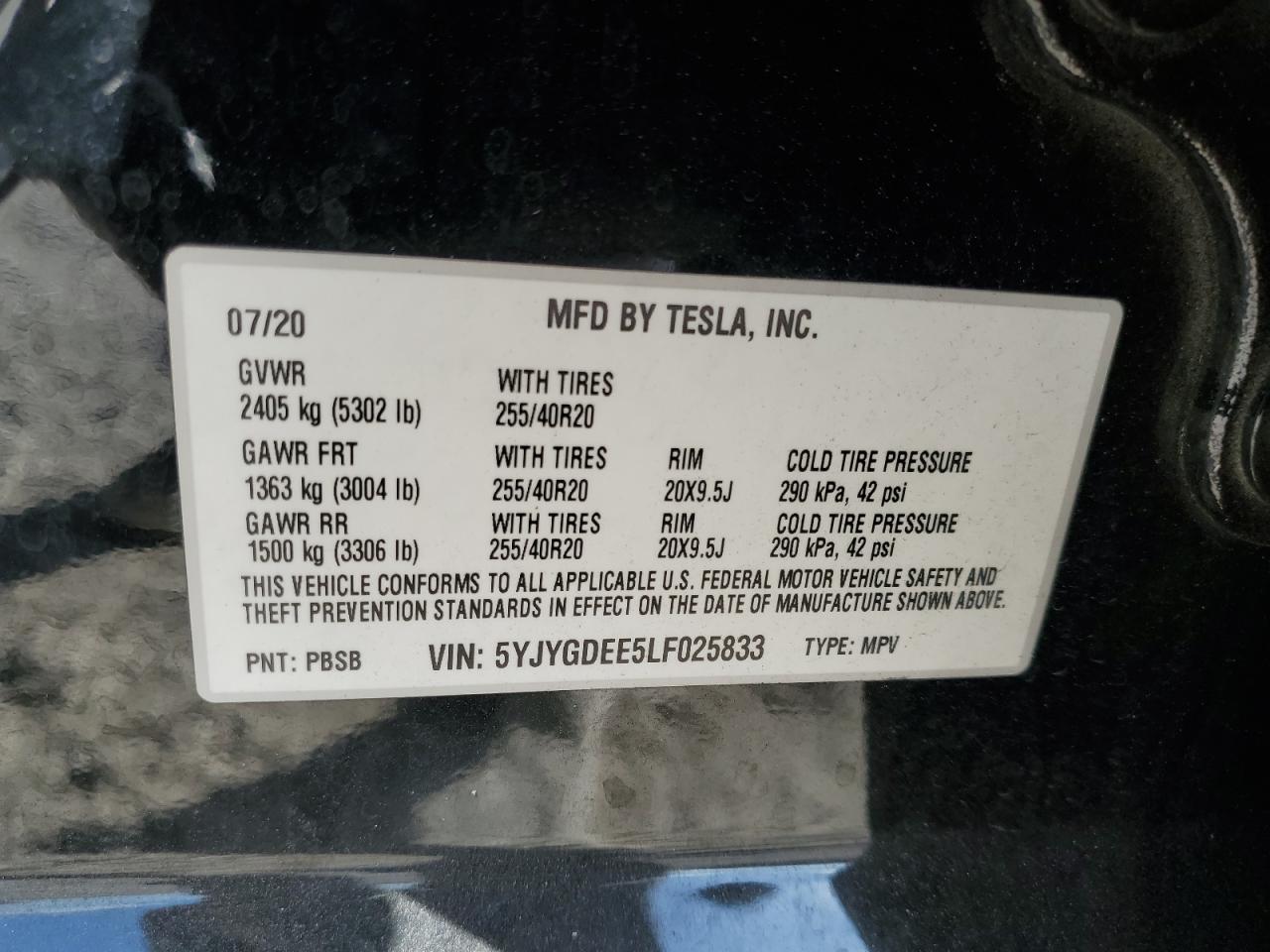 2020 Tesla Model Y VIN: 5YJYGDEE5LF025833 Lot: 84186454