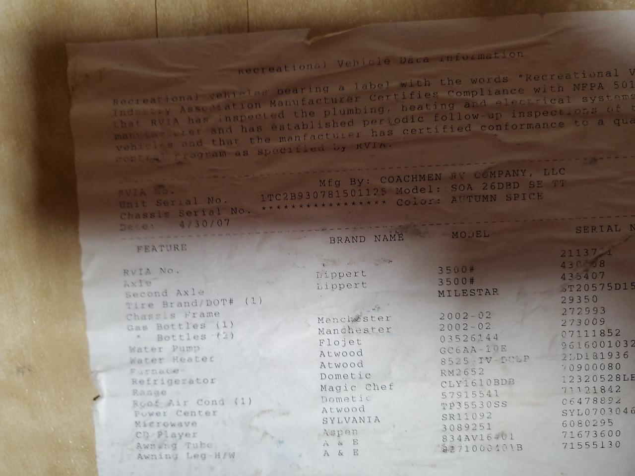 2008 Sprinter Trailer VIN: 1TC2B930781501125 Lot: 85636924