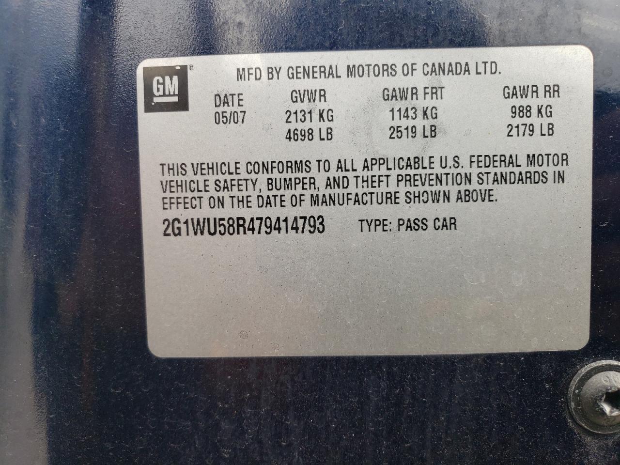 2007 Chevrolet Impala Ltz VIN: 2G1WU58R479414793 Lot: 84269474