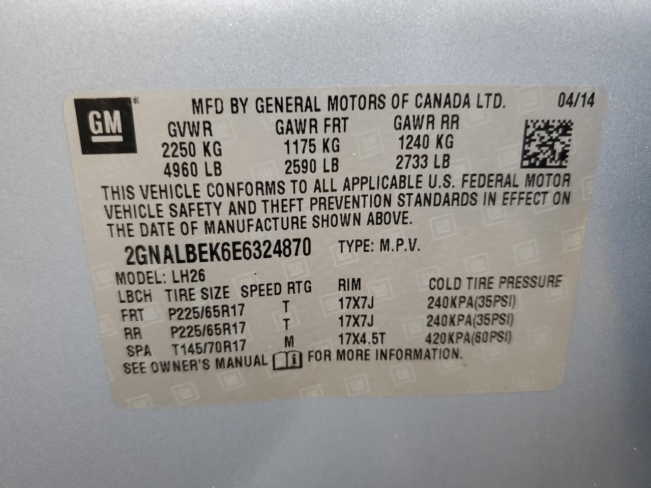 VIN 2GNALBEK6E6324870 2014 CHEVROLET EQUINOX no.12