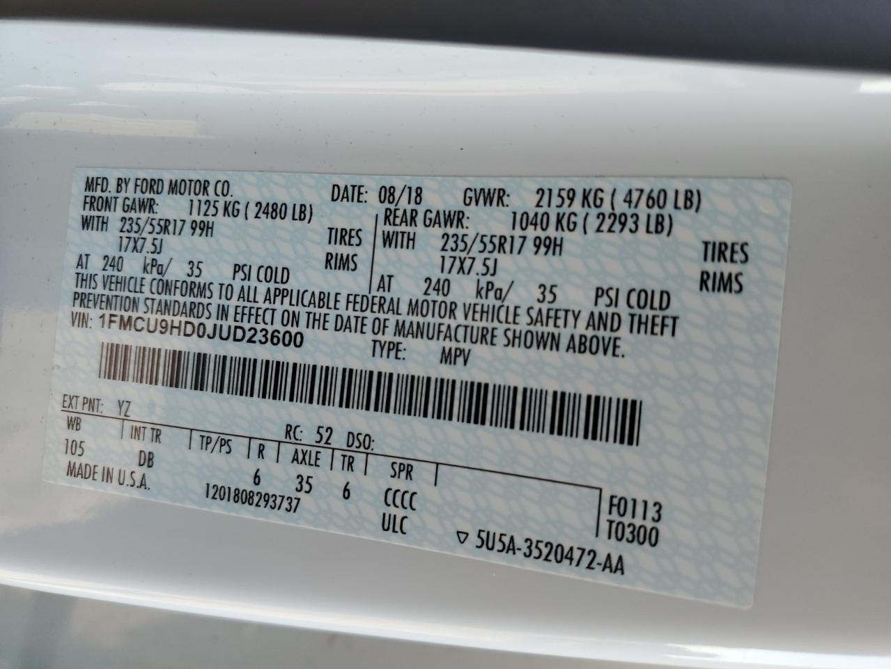 2018 Ford Escape Sel VIN: 1FMCU9HD0JUD23600 Lot: 86890864