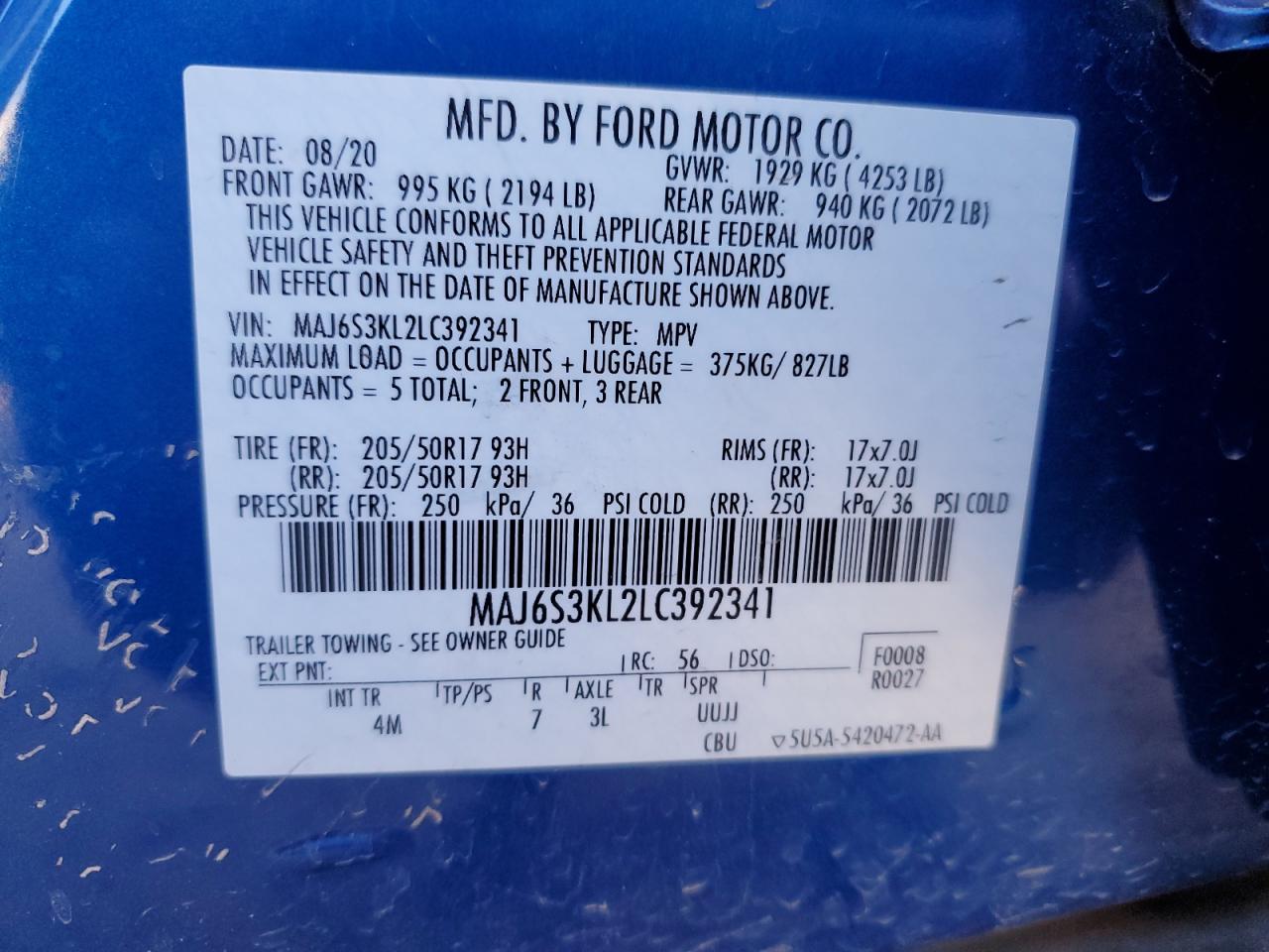 2020 Ford Ecosport Titanium VIN: MAJ6S3KL2LC392341 Lot: 86752554