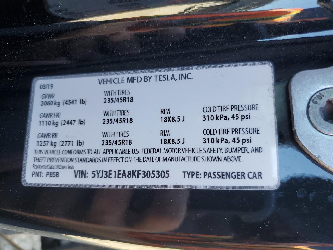 2019 Tesla Model 3 VIN: 5YJ3E1EA8KF305305 Lot: 85422454