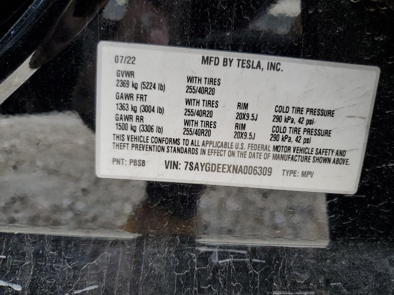 2022 Tesla Model Y VIN: 7SAYGDEEXNA006309 Lot: 85344884