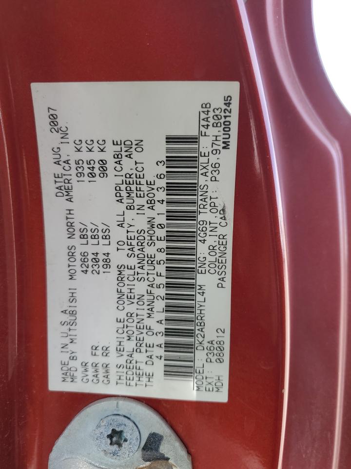 2008 Mitsubishi Eclipse Spyder Gs VIN: 4A3AL25F58E014363 Lot: 84935984