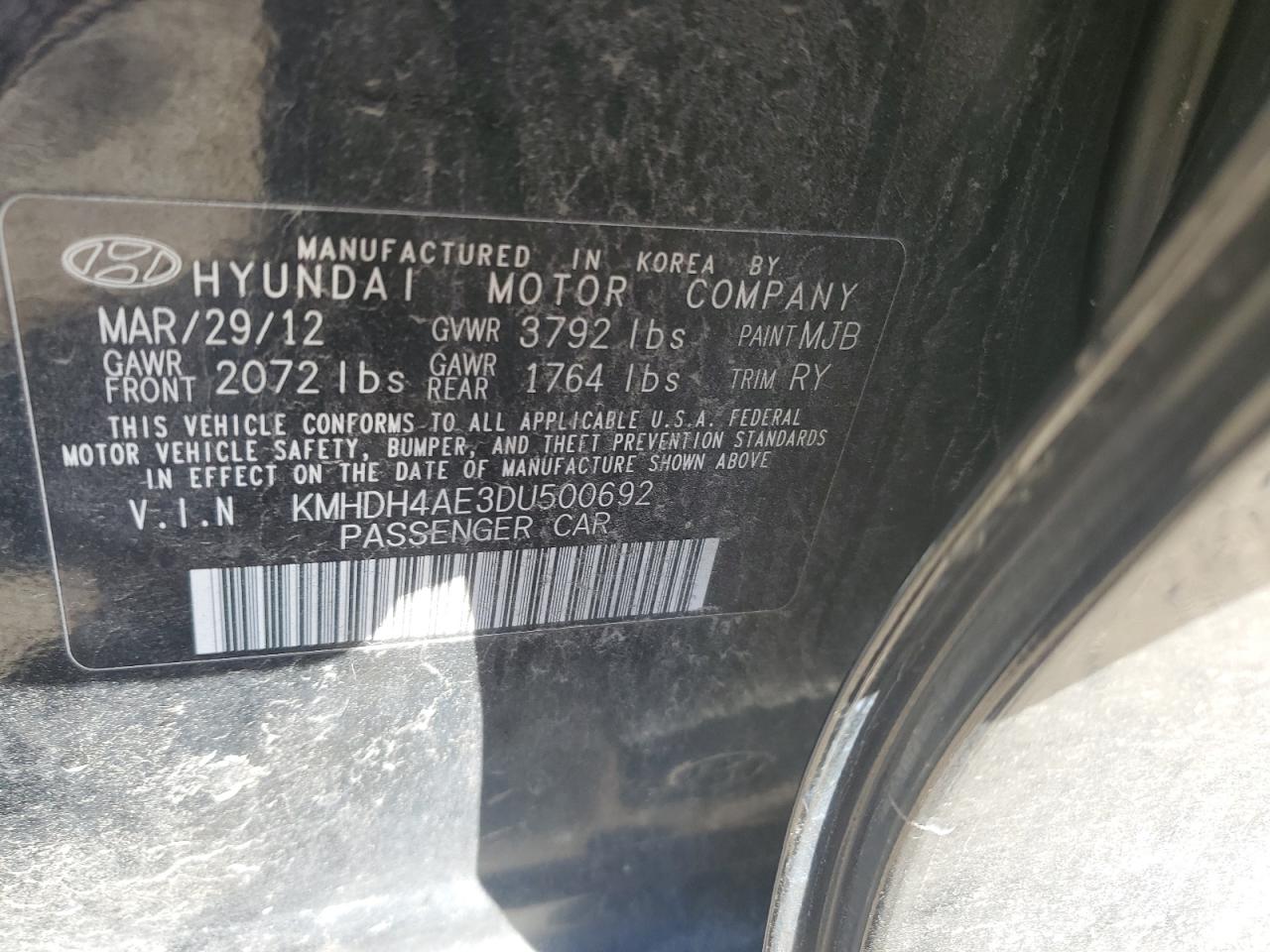 2013 Hyundai Elantra Gls VIN: KMHDH4AE3DU500692 Lot: 86485454