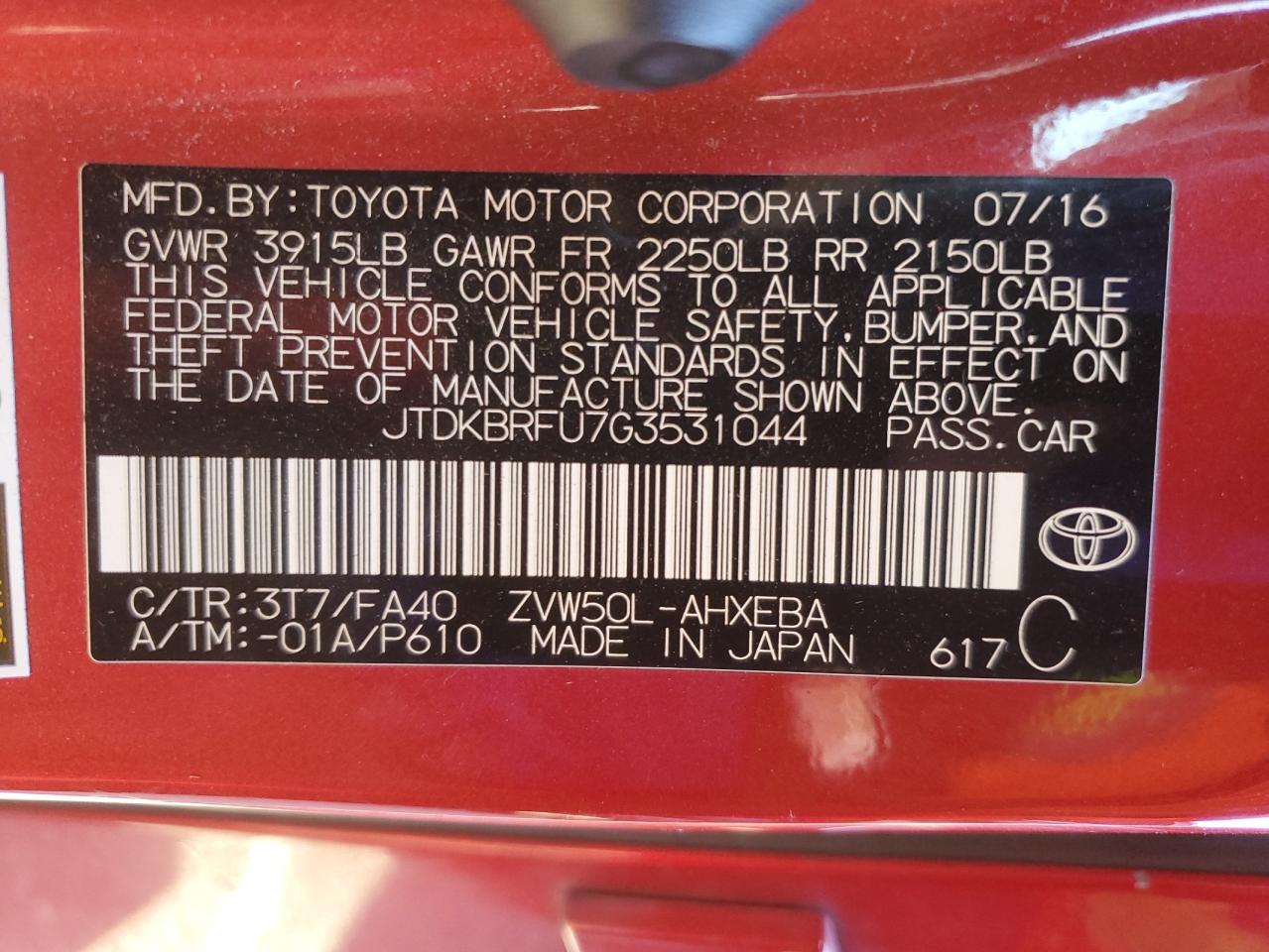 VIN JTDKBRFU7G3531044 2016 TOYOTA PRIUS no.13