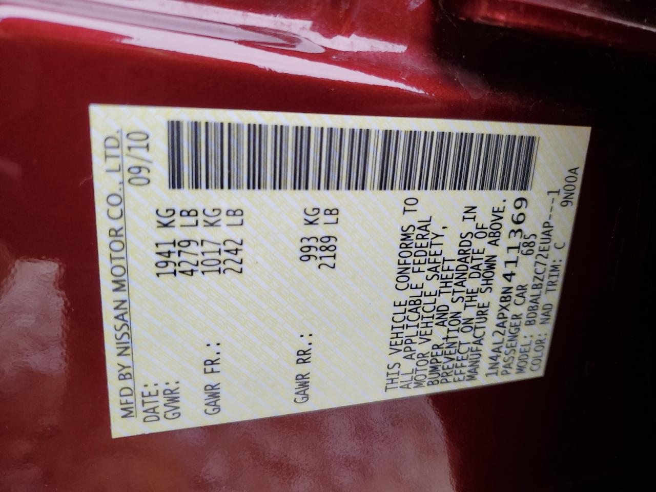 Auction sale of the 2011 NISSAN ALTIMA , vin: 1N4AL2APXBN411369, lot number: 83662164