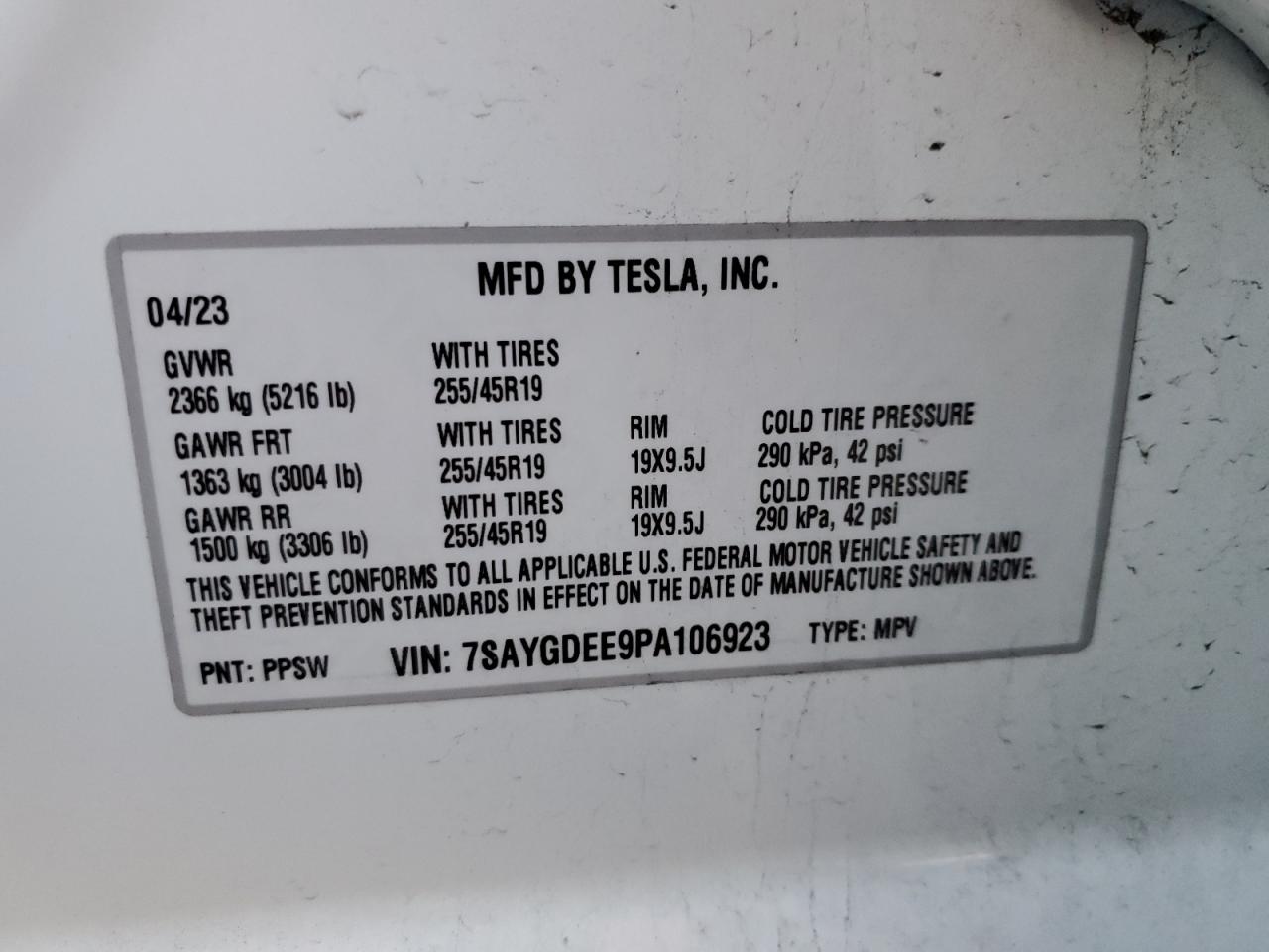 2023 Tesla Model Y VIN: 7SAYGDEE9PA106923 Lot: 85714114