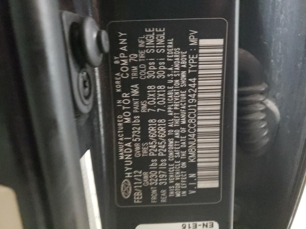 2012 Hyundai Veracruz Gls VIN: KM8NU4CC8CU194244 Lot: 84028534