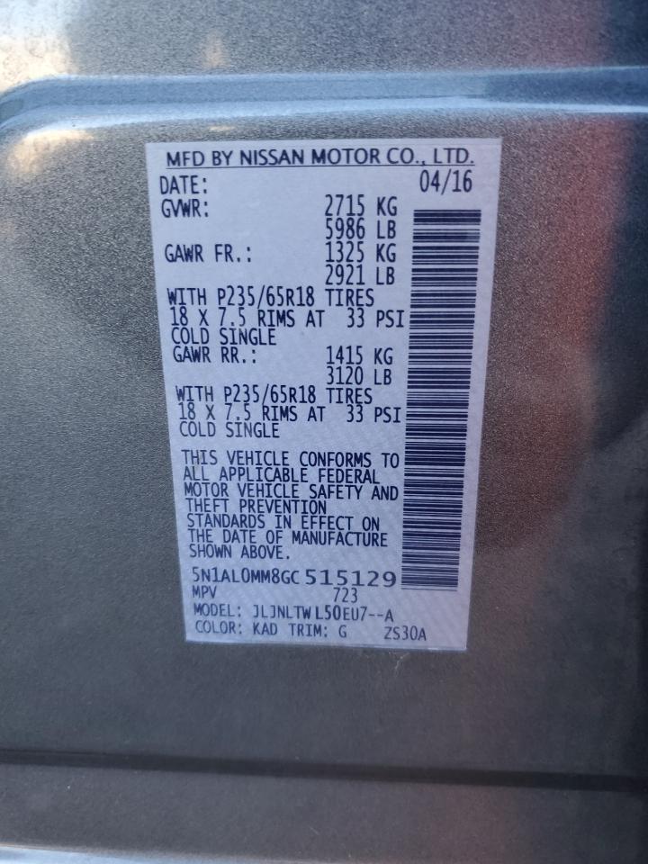 2016 Infiniti Qx60 VIN: 5N1AL0MM8GC515129 Lot: 84206694