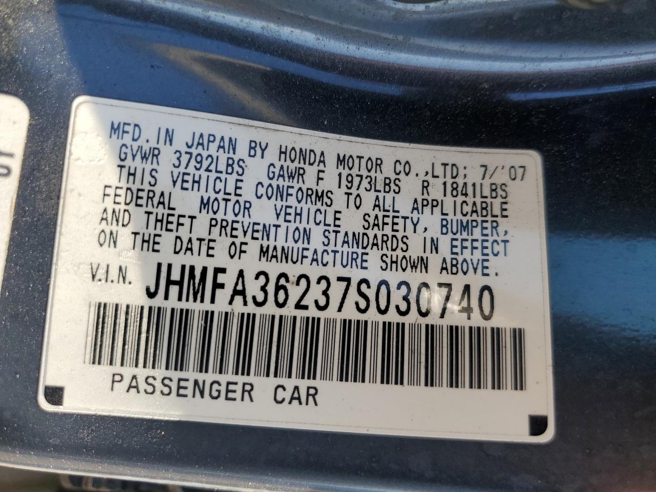 2007 Honda Civic Hybrid VIN: JHMFA36237S030740 Lot: 86763214