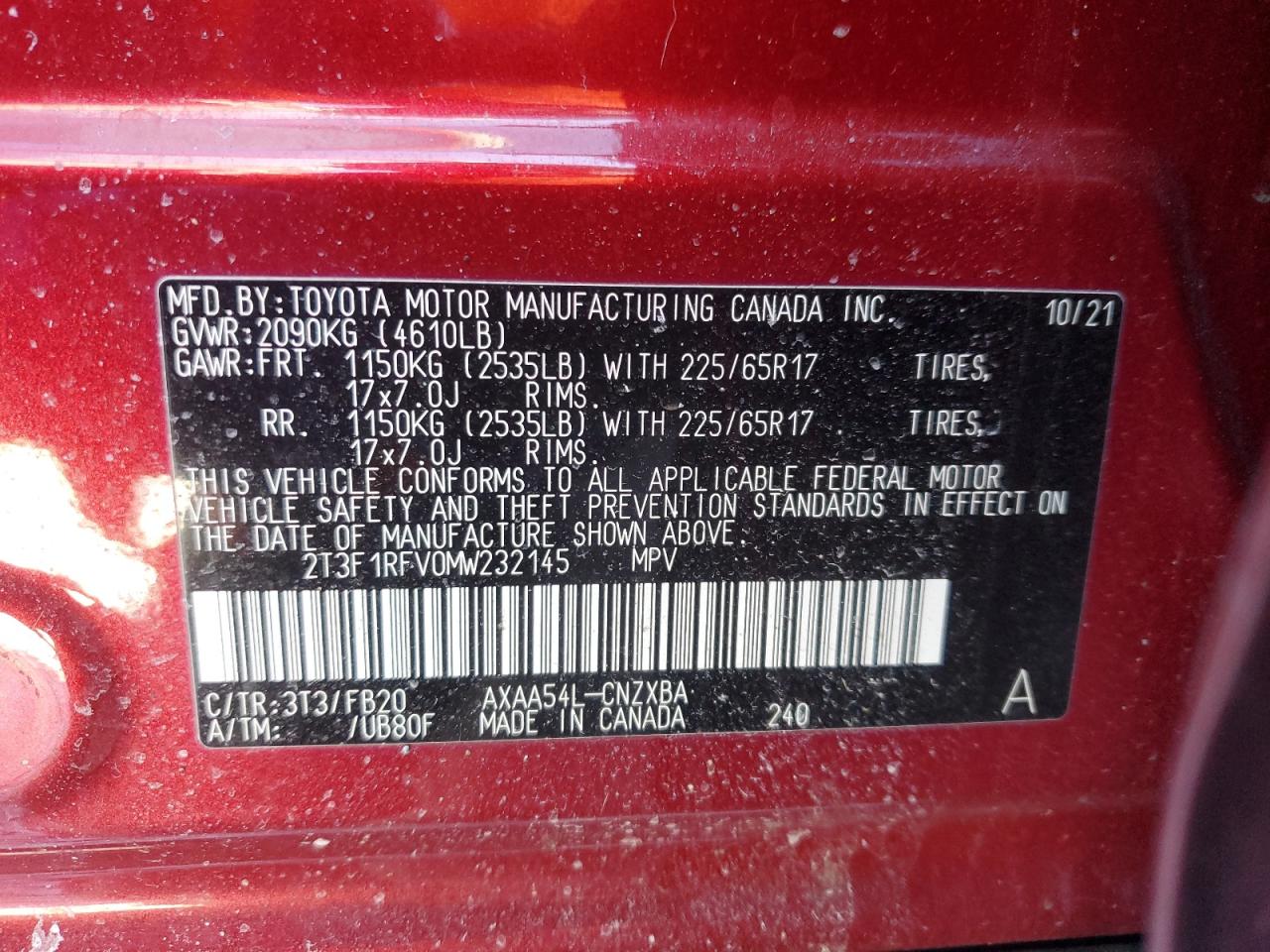 VIN 2T3F1RFV0MW232145 2021 TOYOTA RAV4 no.13