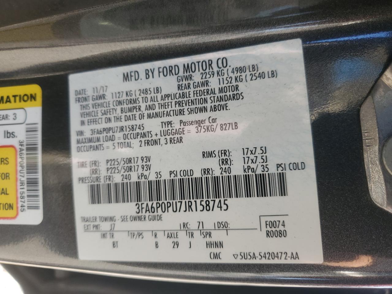 2018 Ford Fusion Se Phev VIN: 3FA6P0PU7JR158745 Lot: 54551795