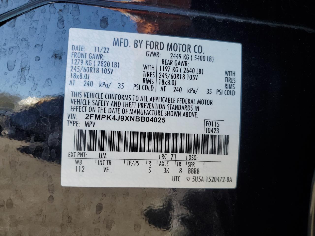 VIN 2FMPK4J9XNBB04025 2022 FORD EDGE no.13