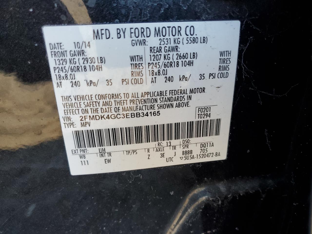 VIN 2FMDK4GC3EBB34165 2014 FORD EDGE no.13