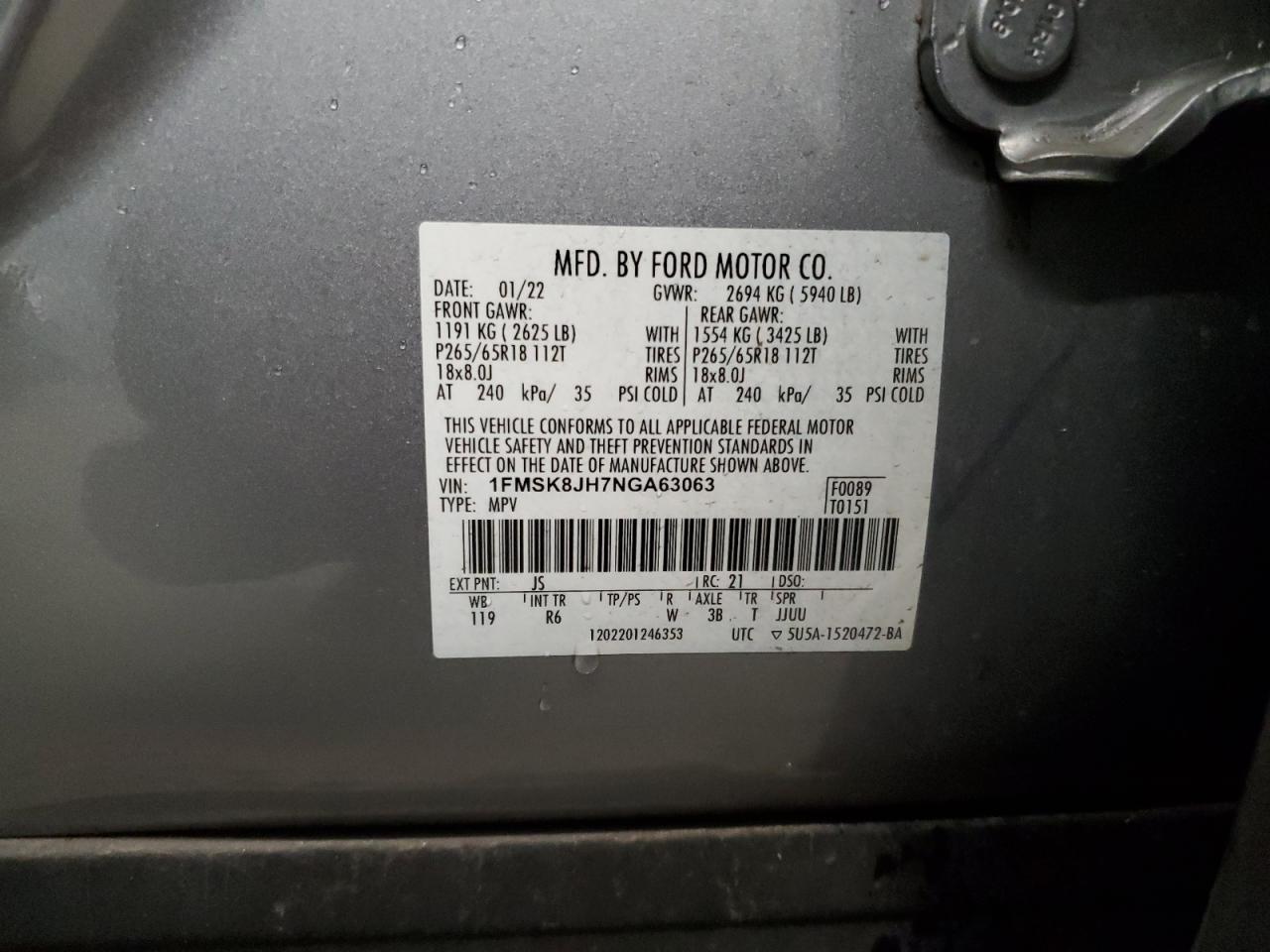 2022 Ford Explorer Timberline VIN: 1FMSK8JH7NGA63063 Lot: 83671654