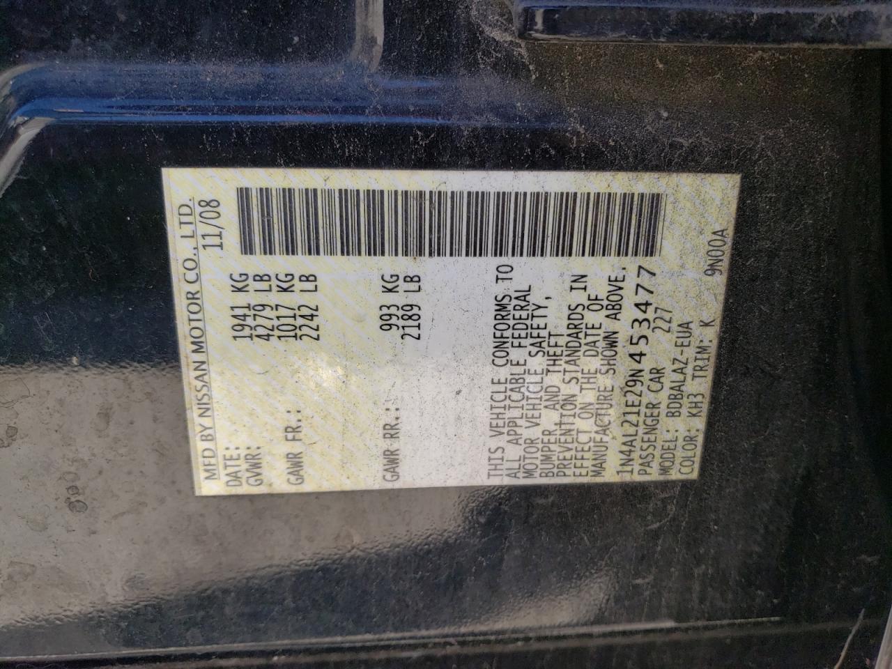 2009 Nissan Altima 2.5 VIN: 1N4AL21E29N453477 Lot: 84775665