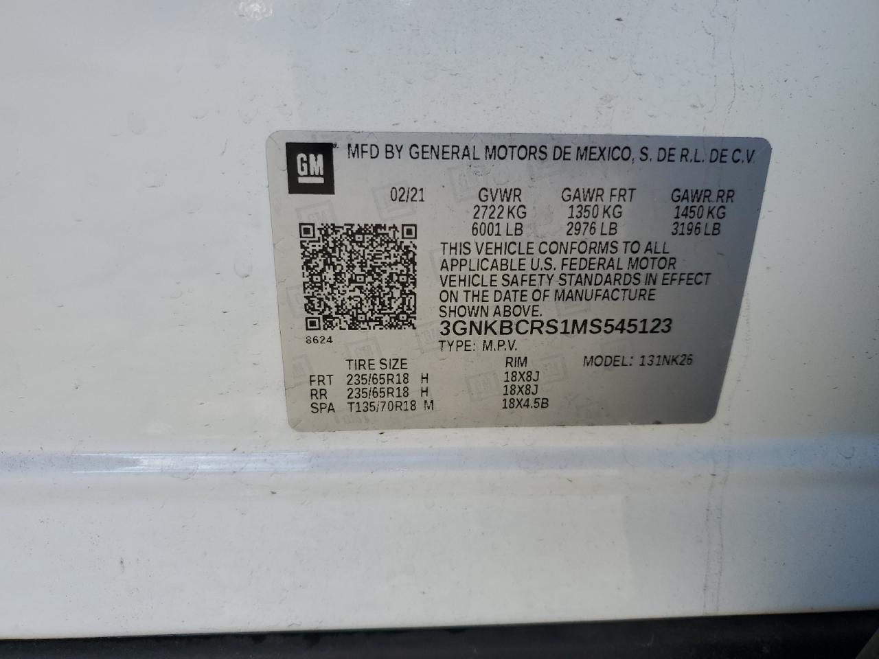 2021 Chevrolet Blazer 2Lt VIN: 3GNKBCRS1MS545123 Lot: 84275044