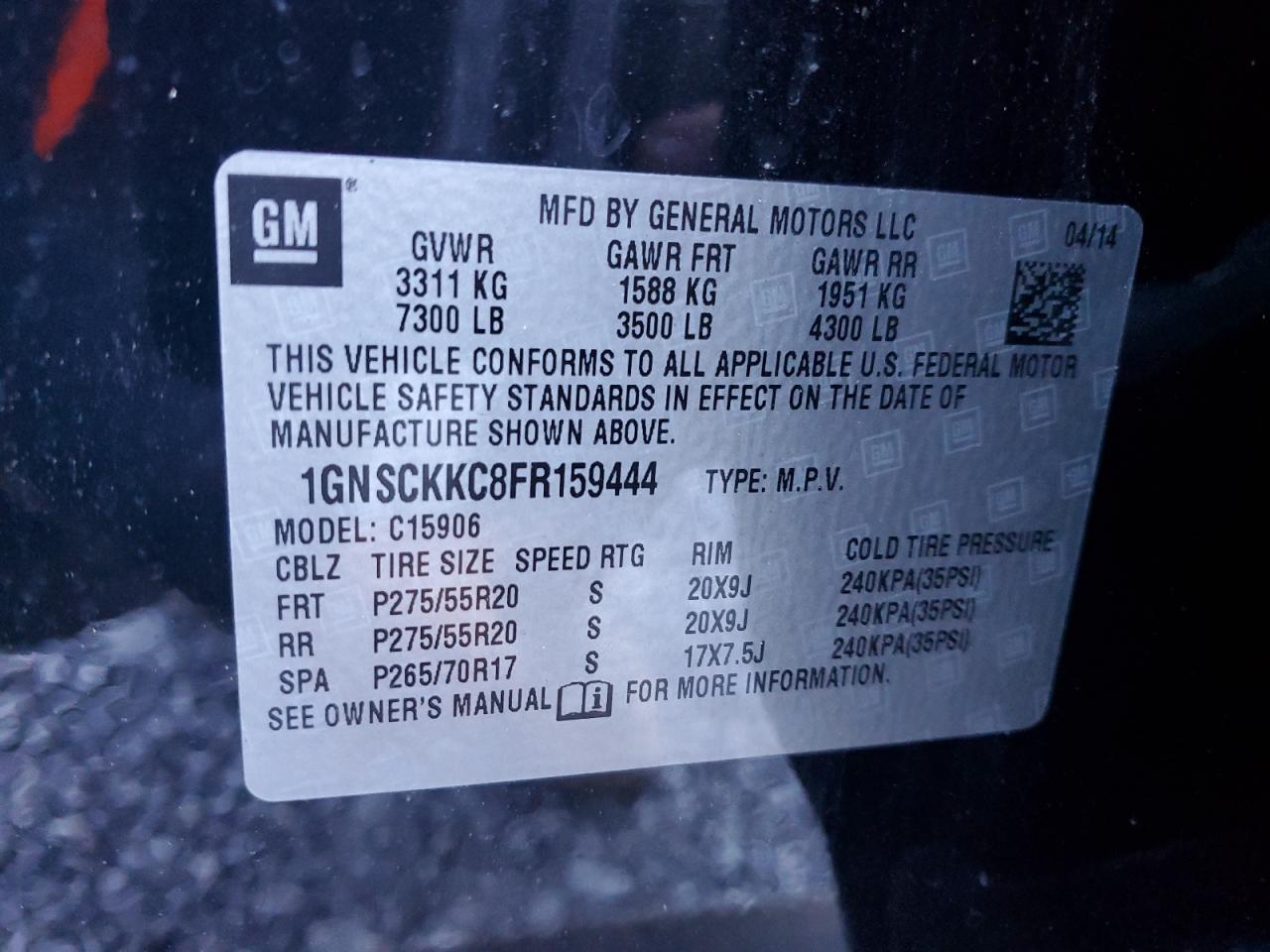 VIN 1GNSCKKC8FR159444 2015 CHEVROLET SUBURBAN no.13