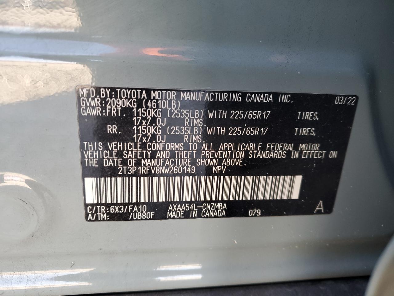 VIN 2T3P1RFV8NW260149 2022 TOYOTA RAV4 no.14