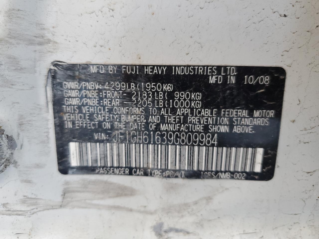 2009 Subaru Impreza 2.5I VIN: JF1GH61639G809984 Lot: 61526505